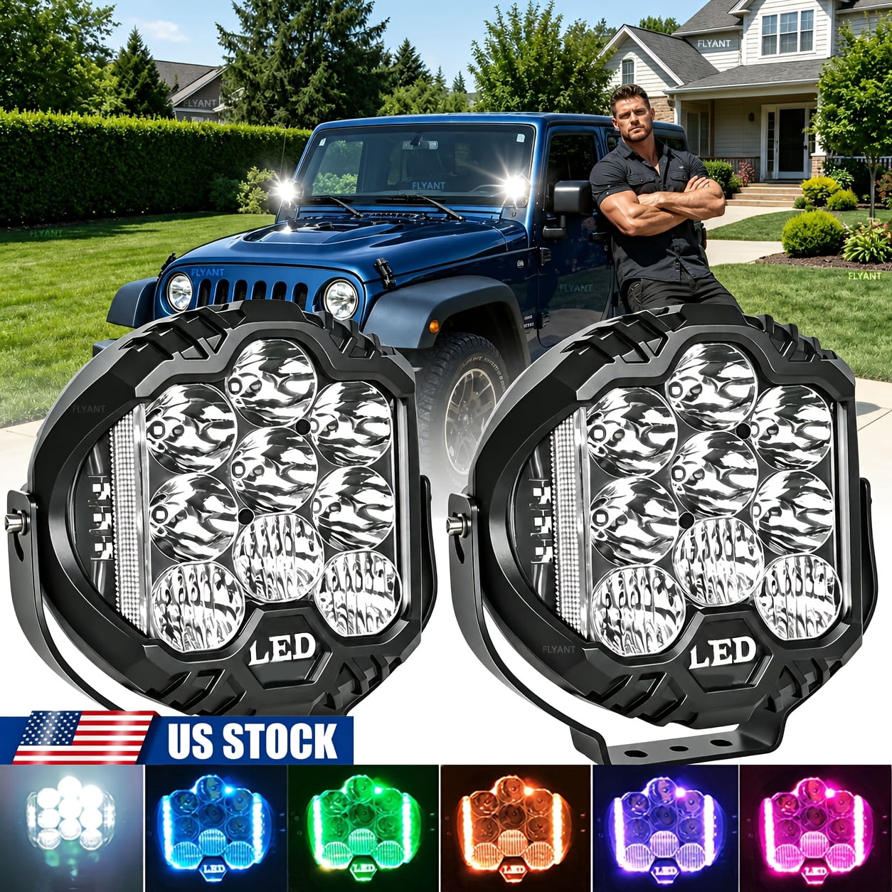 2pcs 7 Inch 90W Round LED Work Light White Driving Lights with RGB Halo ...