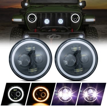 7" Round LED Headlights With Halo Angle Eyes DRL For Jeep Wrangler TJ LJ JK – Pair, Black Housing