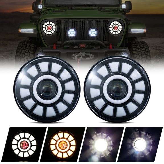 2pcs 7" Inch Round H6024/H6017/6015/6014/6012 Sealed Beam Replacement Amber Turn Signal White High/Low Beam DRL Daytime Running Lights LED Halo Projector Headlights Assembly+H4/H13 Adaptors IP67