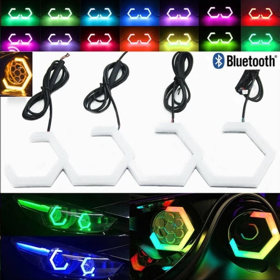 2pcs  70MM RGBW Hex Halo Rings LED Kit  APP Control, Multi-Color Chasing + Pure White DRL, Ultra-Bright Hexagon Angel Eyes Angel Eyes for Car, Motorcycle, RV, ATV, Boat Headlight Retrofit