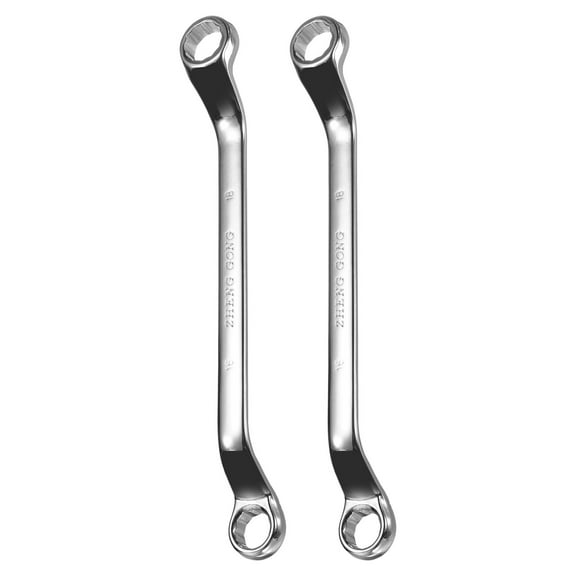 2pcs 75 Degree Offset Box End Wrench 16mm x 18mm Metric 12 Point Mirror Chrome Plated Alloy Steel Double Box Wrenches Long Industrial Grade Torx Box Wrench Repair Tool