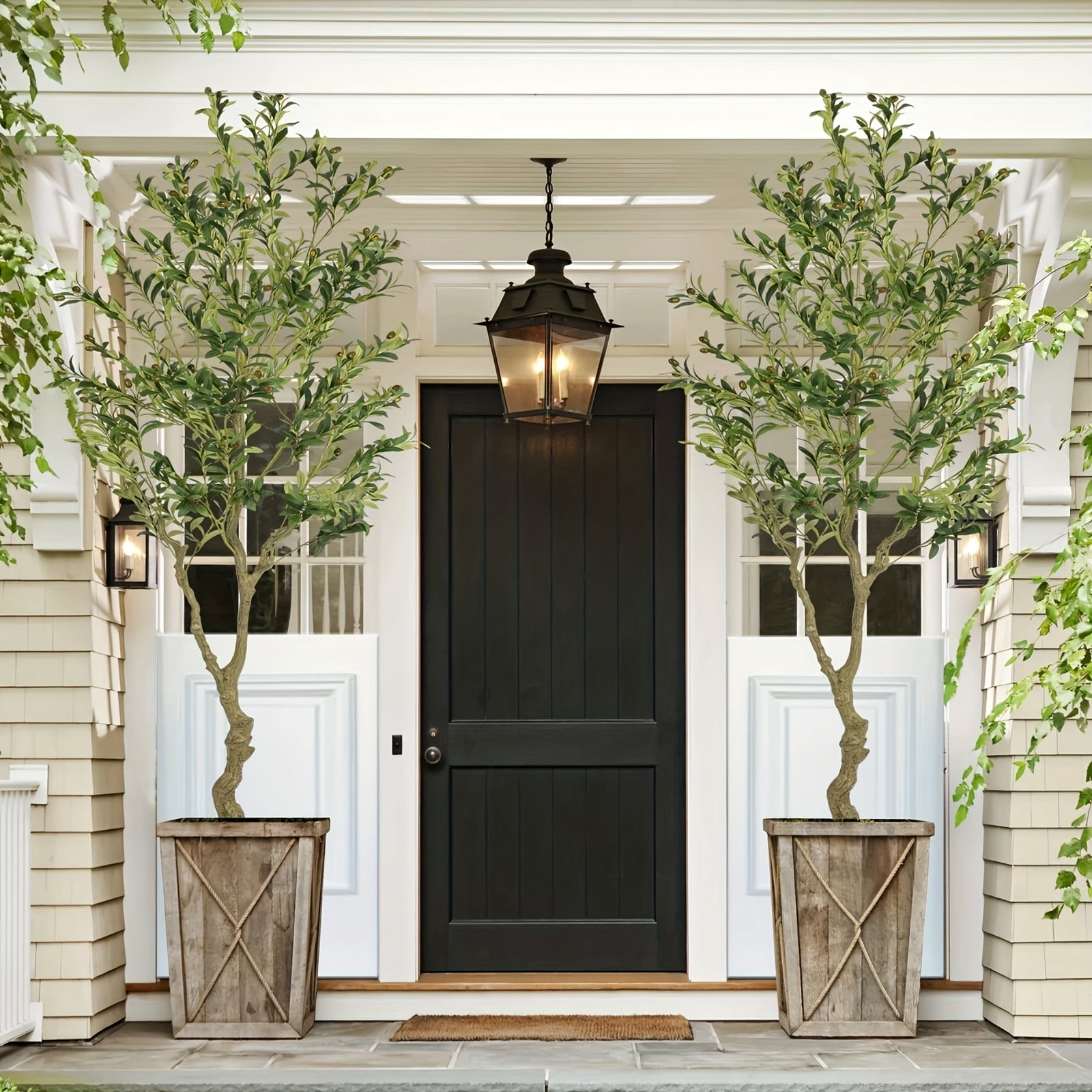 2pcs 7FT Faux Olive Tree Tall,Olive Trees Artificia Indoor with White Planter and Green Moss, Fake UV Resistant Artificial Tree,for Home Office Living Room Bedroom Stairs Foyer Decor