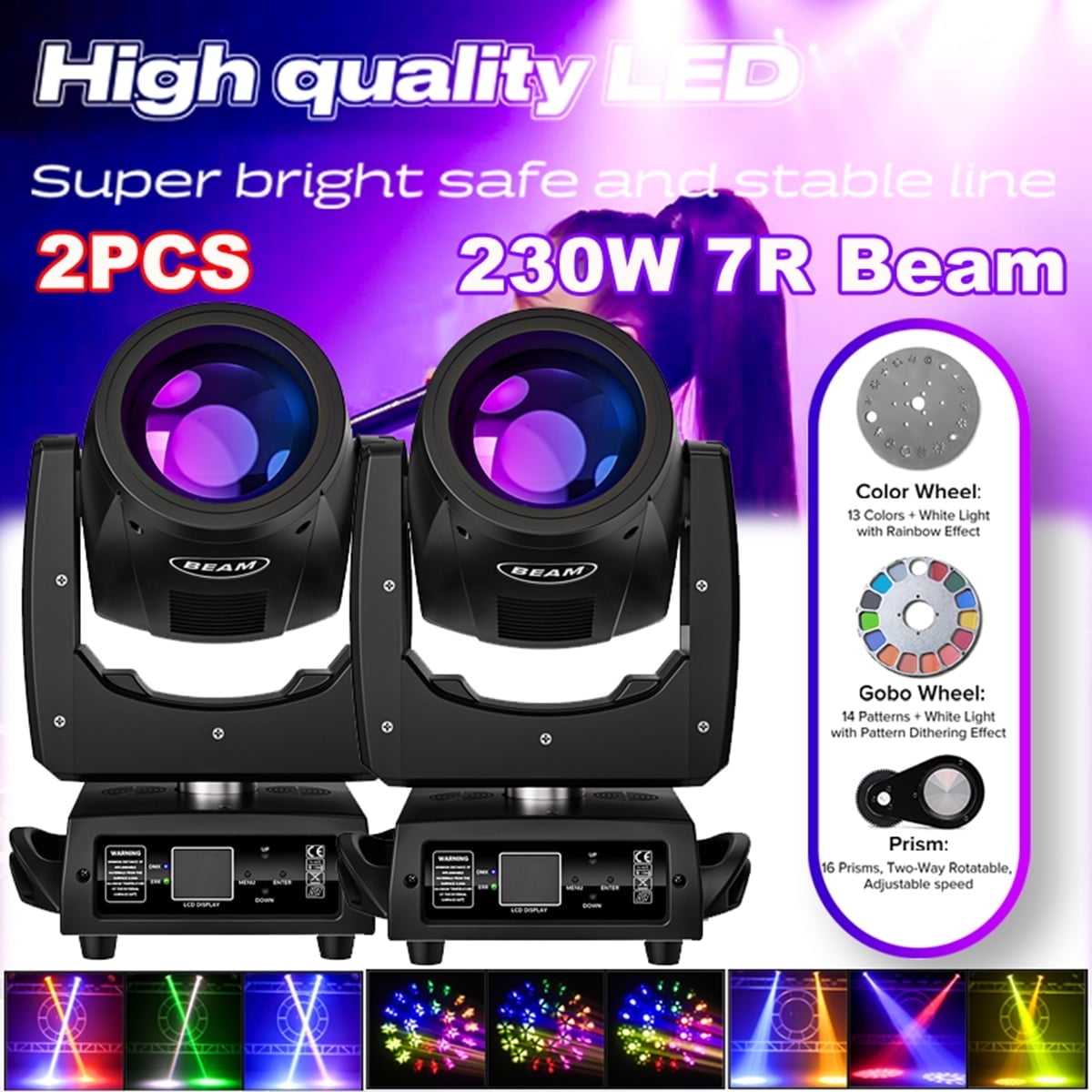 2pcs 7R 230W Beam Stage Moving Head Light 15 Gobos and 14 Colors DJ Light Rainbow Effect DMX512 Control for Disco Party Club Bar DJ Show Stage Lighting