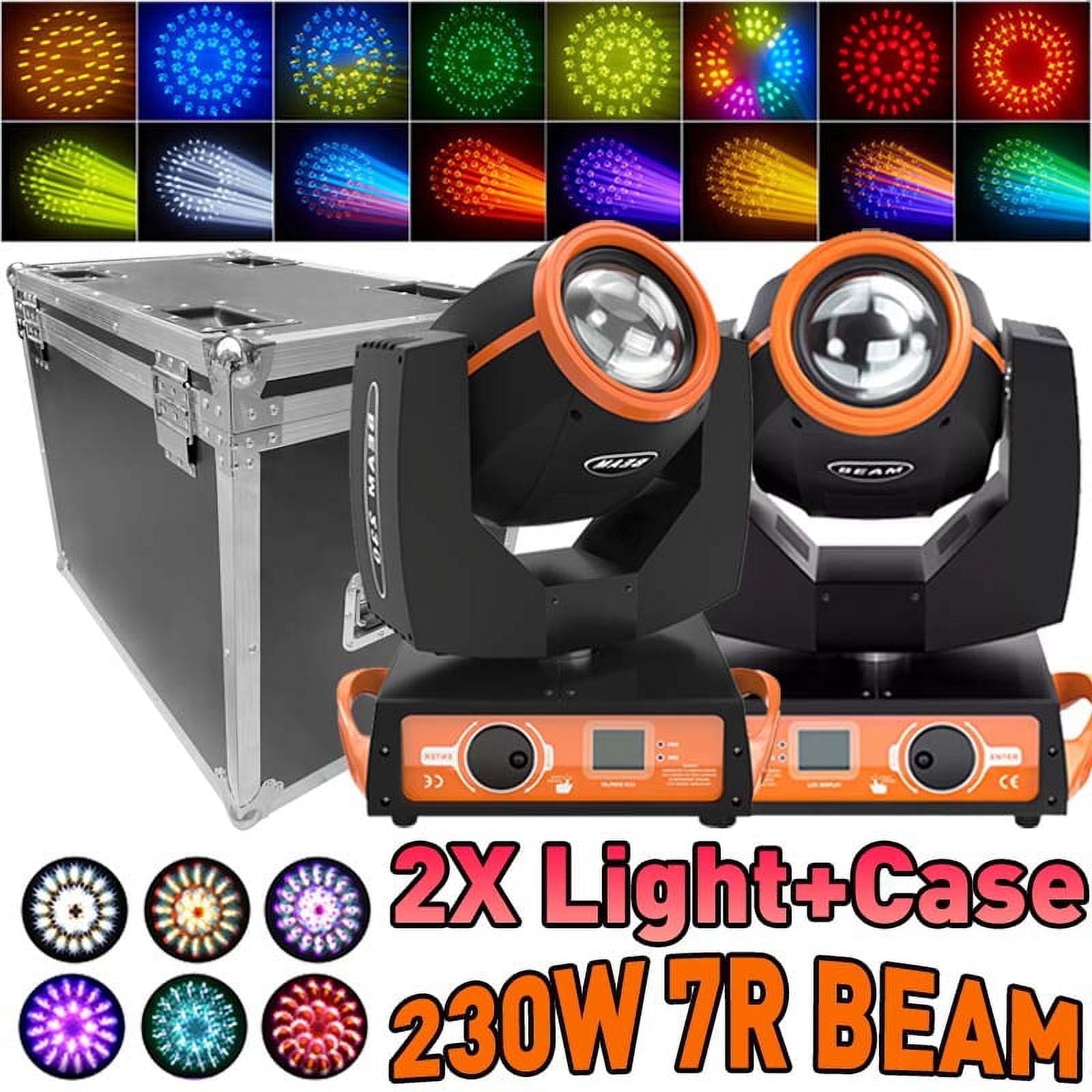 2pcs 7R 230W DJ Lights with Flight Case, 8 Prisms Beam Sharpy Moving Head Lights, 17 Gobos 14 Colours RGBW LED Disco Party Stage Lights for Weddings Christmas,Orange