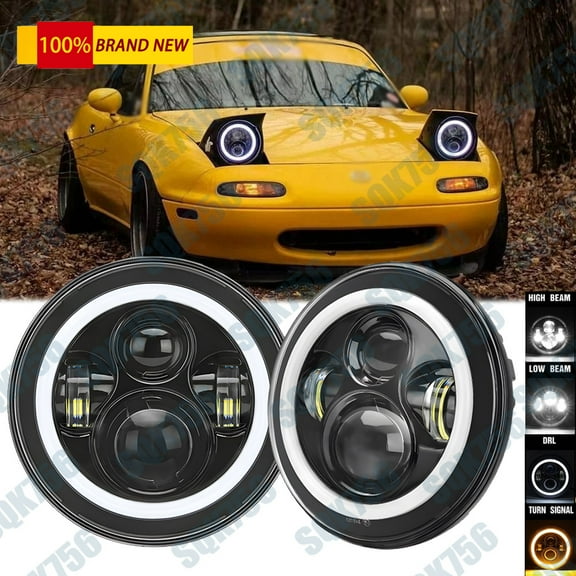 2pcs 7inch LED Headlight Light Halo Angel Eye For 90-97 Mazda NA Miata MX5 MX-5