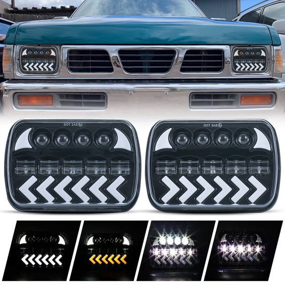 2pcs 7x6 Inch 7"x6" Square H6014/H6052/H6054/H5054 Conversion Kit Dynamic Arrow Amber Turn Signal White DRL LED High Low Beam Projector Headlights Assembly+H4-3-Pin Universal Adaptors IP67 DOT