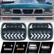 2pcs 7x6 Inch 7"x6" Square H6014/H6052/H6054/H5054 Conversion Kit Dynamic Arrow Amber Turn Signal White DRL LED High Low Beam Projector Headlights Assembly+H4-3-Pin Universal Adaptors IP67 DOT