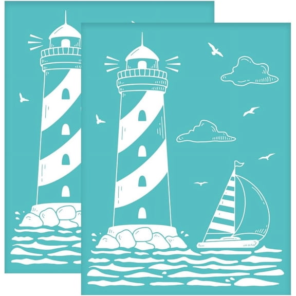 2pcs 8.6x11 Inch Self-Adhesive Silk Screen Stencils Lighthouse Sailboats Reusable Silkscreen Printing Stencils Seagulls Cloud Sea Mesh Transfer for Painting on Wood T-shirts Bags