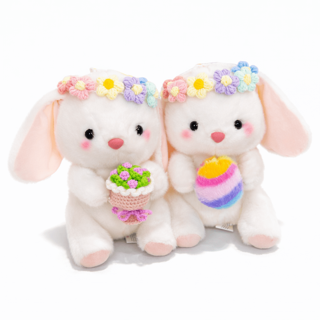 2pcs 9.84 in Bunny Stuffed Animal Plush Toy, Soft Bunny with Flower Crown & Bouquet, Easter Basket Stuffers for Kids, Easter Decorations for Home