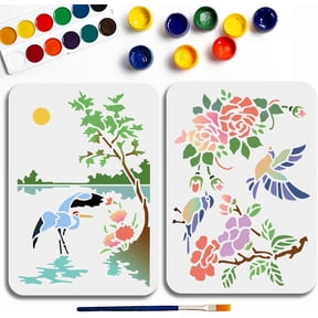 2pcs A4 Size Flowers Birds Stencil Lake Landscape Template 11.7x8.3inch Reusable Tree Plant Template Hummingbird Crane Animal Stencil for DIY handcrafting
