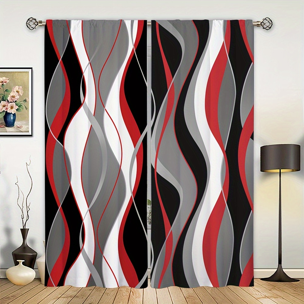 2pcs Abstract Art Curtains With Red Flower & Abstract Spiral Circle