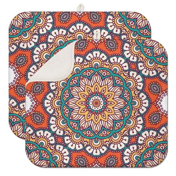 2pcs Abstract Artistic Mandala Dish Drying Mat, Paisley Floral Pattern, Heat Resistant & Durable, Eco-Friendly