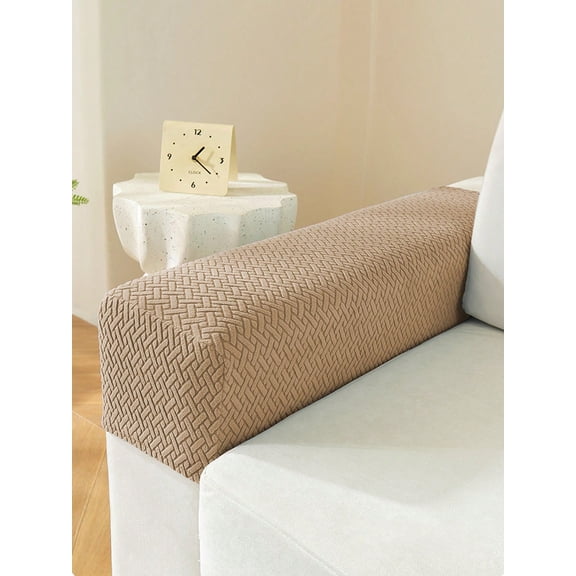 2pcs Abstract Grid Pattern Sofa Armrest Covers Practical Universal Short Fixed Style Side Covers Protectors Khaki
