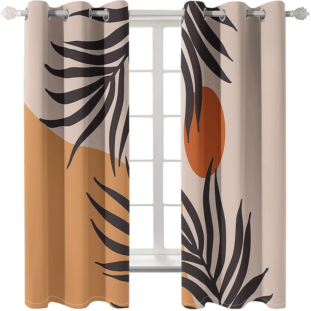 2pcs Abstract Mid Century Kitchen Curtains Boho Modern Green Leaves ...