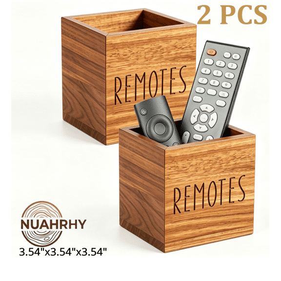 2pcs Acacia Wood Remote Control Holder, Tabletop Wooden Remote Caddy, TV Controller Organizer for Living Room and Nightstand, Brown
