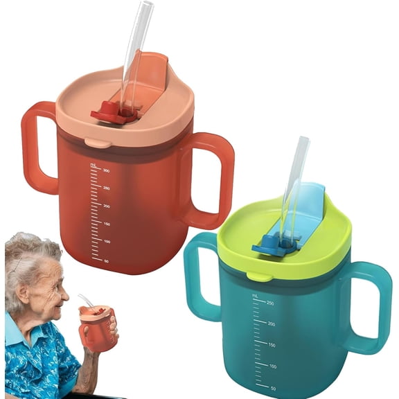 2pcs Adult Sippy Cups for Elderly 2 Handles Straw Cups 300ml No Spill Cup for Adults Dysphagia Cup for Disabled Patients