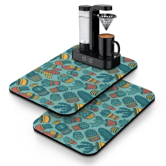 2pcs Aesthetic Succulent Coffee Bar Mat Boho Desert Cactus Art, Non-Slip Rubber Base, Reusable & Washable for Coffee Lovers