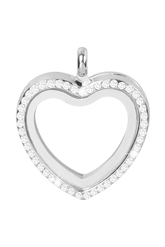 2pcs Alloy & Glass Floating Locket Pendants with Rhinestone and Magnet Heart Charm Platinum 35x30x7mm