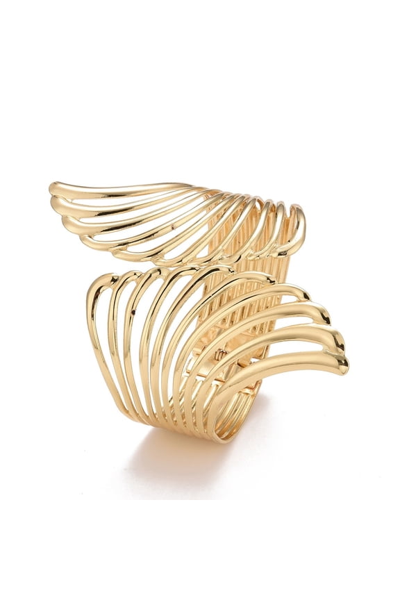 2pcs Alloy Hollow Wing Wrap Cuff Bangle Chunky Wide Hinged Open Bangle for Women Light golden Inner Diameter: 2-1/8x2 inch(5.35x5.2cm)