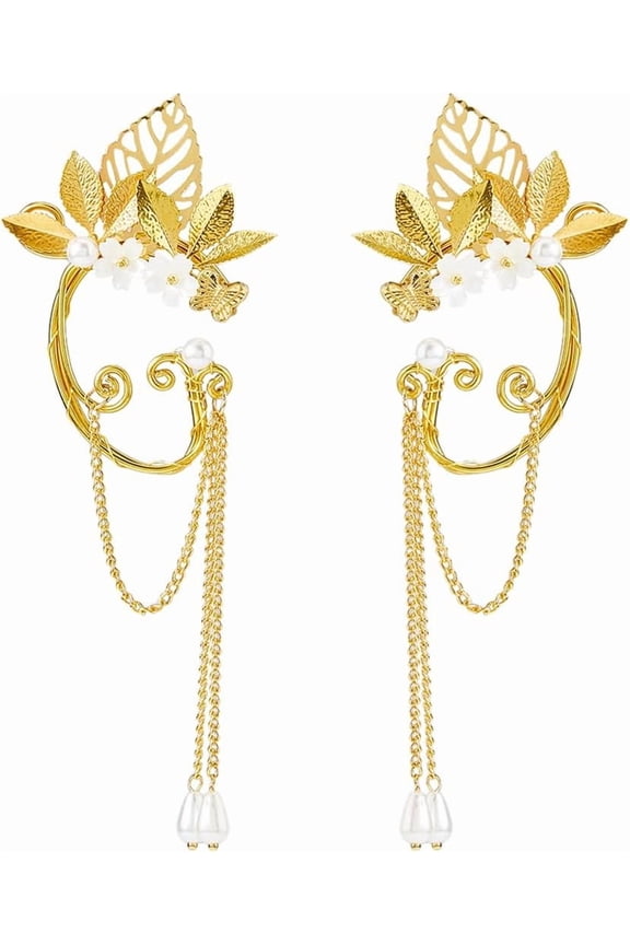 2pcs Alloy Leaf Cuff Earrings Golden Elf Ear Cuffs Fairy Leaf Elf Earrings with Tassel Pearl Dangles for Women Fantasy Cosplay Wedding Costume Gifts Accessories