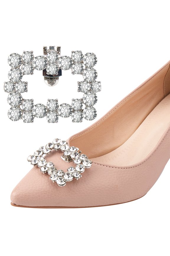 2pcs Alloy Rhinestone Shoe Decorations Detachable Shoe Buckle Clips Rectangle Platinum 41x51x11mm