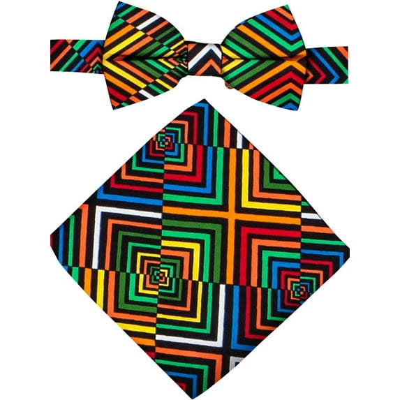 2pcs Ankara Premium African Kente Pre-Tied Bow Ties for Men & Pocket Square Set Men Bownot