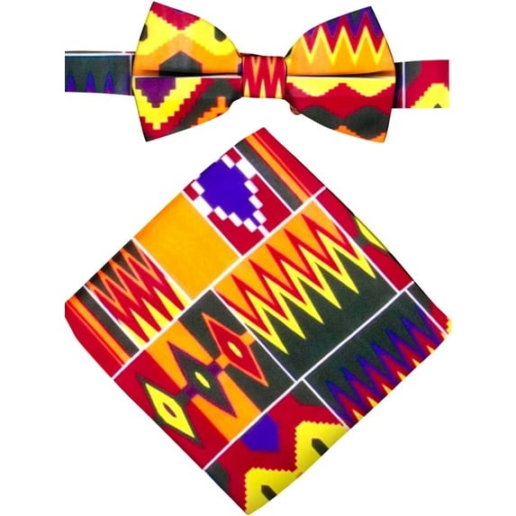 2pcs Ankara Premium African Kente Pre-Tied Bow Ties for Men & Pocket Square Set Men Bownot