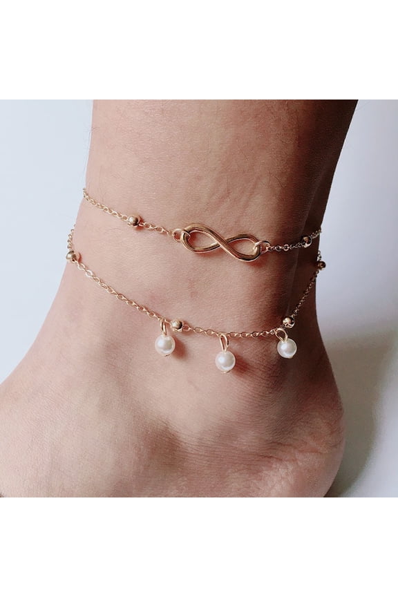 2pcs Anklets Women Heart 14K Yellow Gold Ankle Bracelet Charm Beaded Dainty Foot Jewelry for Women and Teen Girls Summer Barefoot Beach