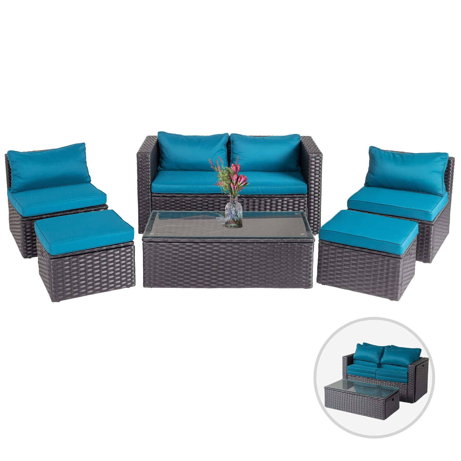2pcs Armless Sofa + 2pcs Footstool + 1pcs Double Sofa + 1pcs Coffee Table With Storage Black Rattan And Peacock Green Cushions, Rattan Multi-Piece Set