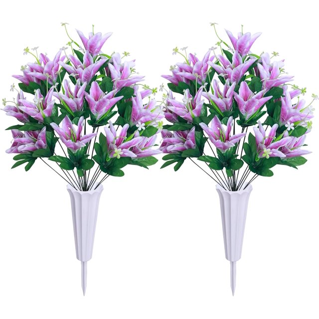 2pcs Artificial Cemetery Flowers,Grave Memorial Bouquet with Vase