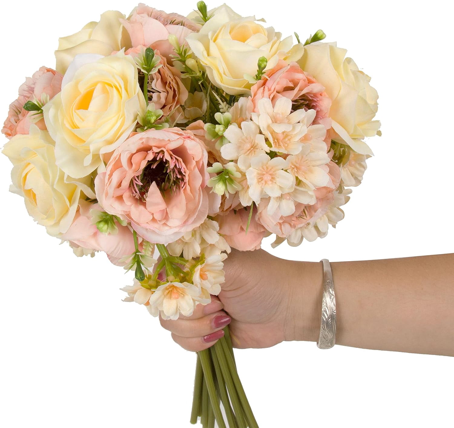 2pcs Artificial Flower Bouquets,12 Inch Wedding Bouquet for Bridesmaid, Tossing Bouquet for Bridal Shower Wedding Ceremony,White and Green