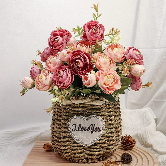 2pcs Artificial Flowers, Fake Flowers 20 Heads Silk Camellia Bouquet without Vase, Faux Flower Arrangements for DIY Wedding Bridal Home Kitchen Party Decoration Table Centerpieces Decor (Cameo)