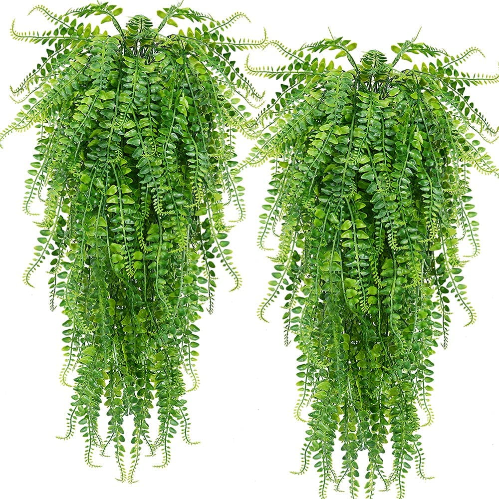 Green UV Resistant Artificial Hanging Ferns with Plastic Leaves, 2-Pack