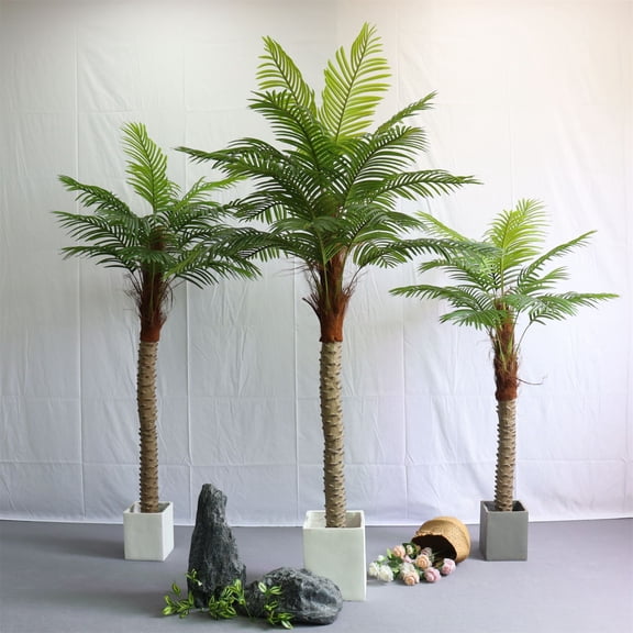 2pcs Artificial Palm Tree, 7ft Tall Artificial PhoenixPalm Tree, Outdoor Indoor Decor Fake Plants with 15pcs Adjustable Leaves, Artificial Tropical Coconut Tree in Pot for Patio, Poolside Decor