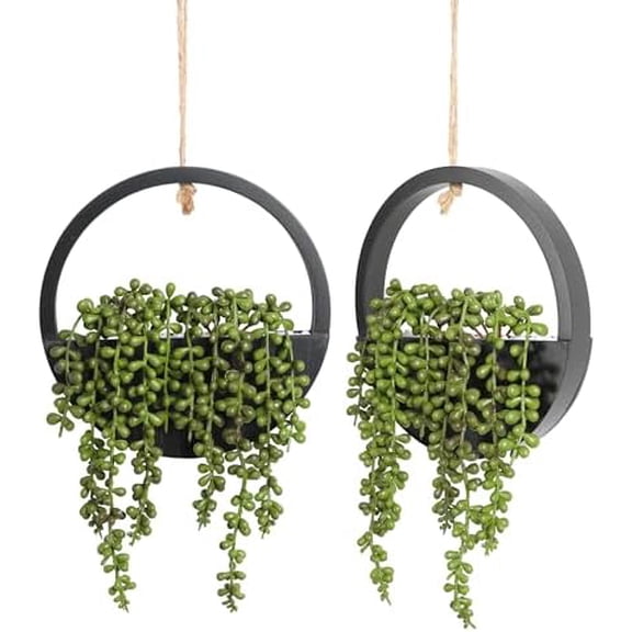 2pcs Artificial Succulents Hanging Plants 12.2'' Fake String of Pearls in Pot with 8.3'' Lanyard for Indoor Outdoor Wall Decor (Black).