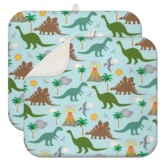 2pcs Artistic Dinosaur Illustration Mat, Watercolor Dino Art on Absorbent Microfiber, Foldable Countertop Drying Pad