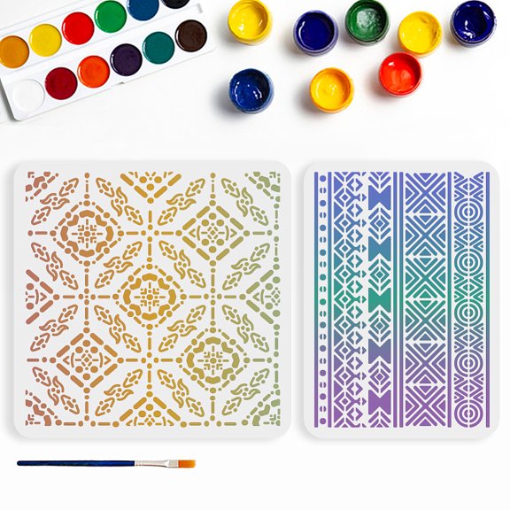 2pcs Artistic Pattern Stencil 11.811.8/11.78.3inchGeometric Diamond Pattern Stencils with Paint Brush Decorative Mandala Stencils Template DIY