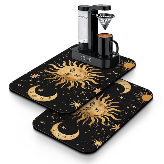 2pcs Astral Gothic Sun and Moon Coffee Mat - Non-Slip Absorbent Drying Mat Set for Kitchen & Bar Use