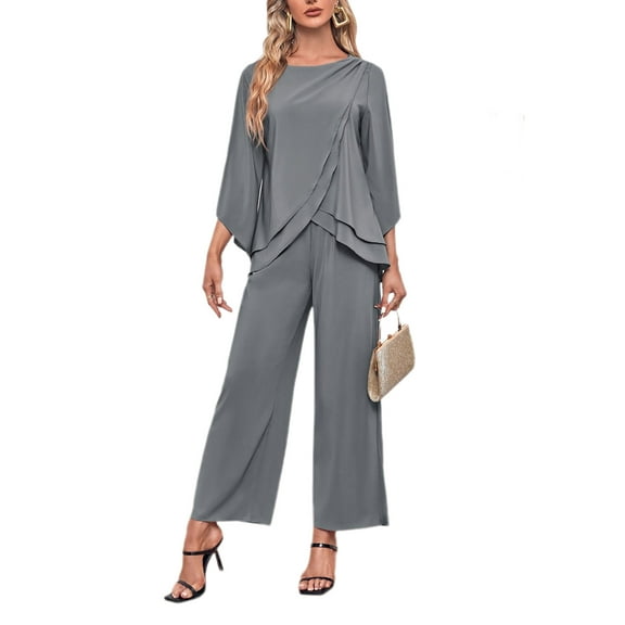 [2pcs Asymmetrical Hem Pant Suits] Women's Chiffon 2pcs Mother Of The Bride Pant Suits Asymmetrical Hem Tops And Pants Wedding Party Prom Outfit