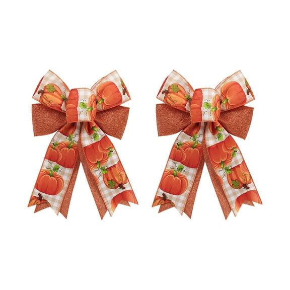 2pcs Autumn Thanksgiving Bow - Orange Pumpkin Maple Leaves Burlap Bows for Tree Wreath Gift Wraping, Home Party Decorations