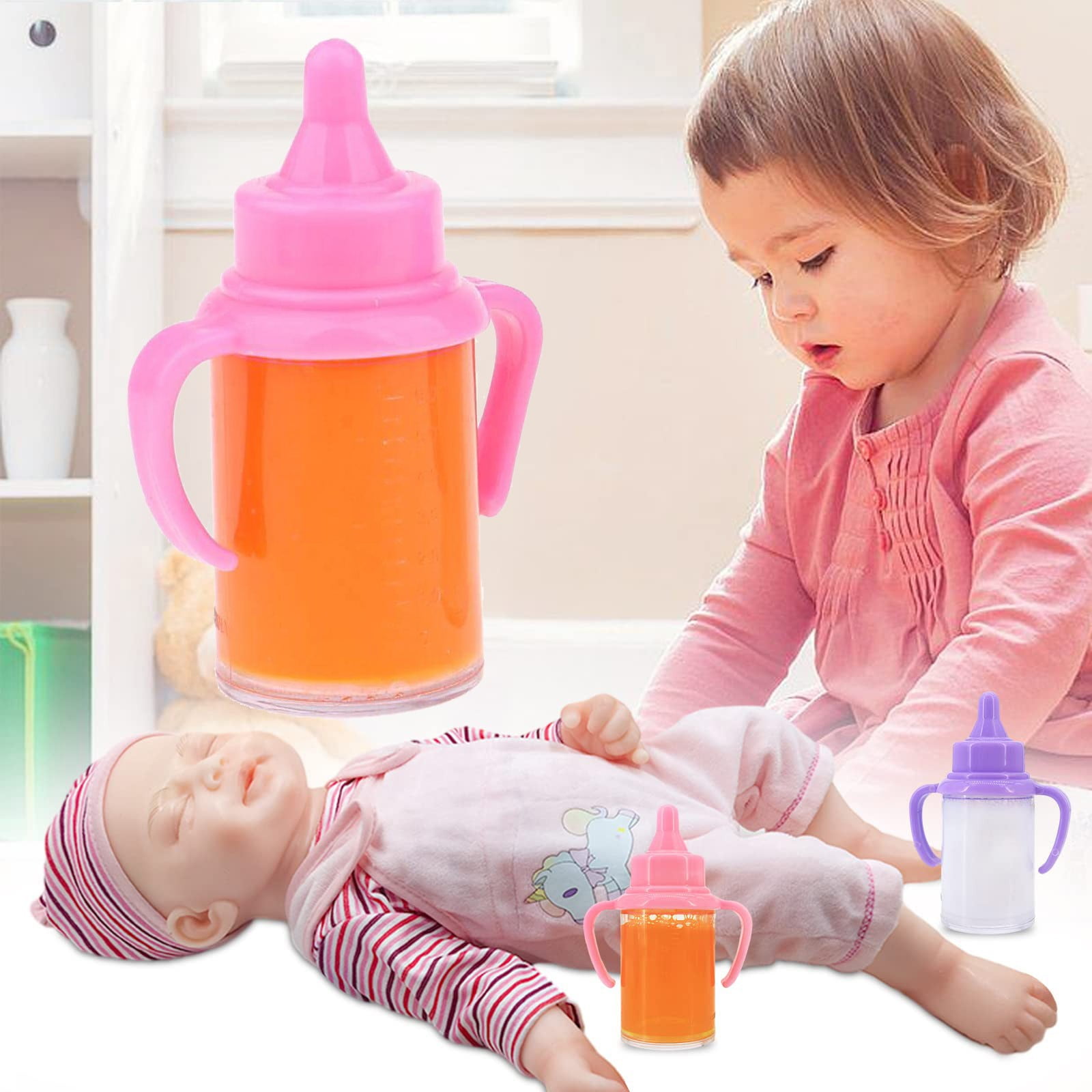 2pcs Baby Dolls Feeding Bottle Set Doll Accessory Disappearing Milk