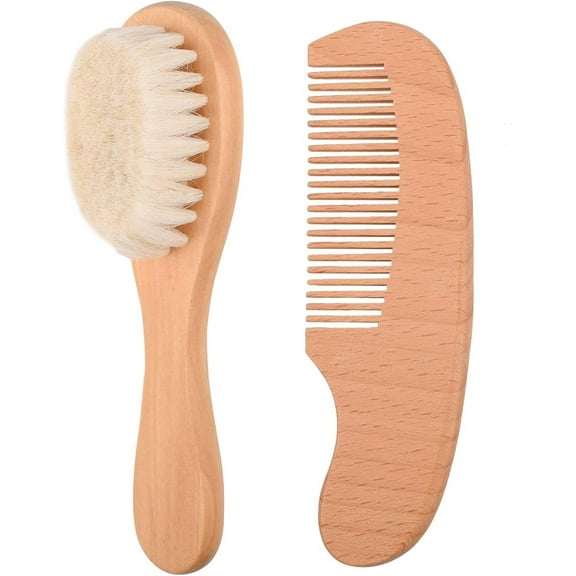 2pcs Baby Natural Wooden Handle Hair Brush and Comb Set Baby Bath Massage Beech Wool Brush Massage Brush
