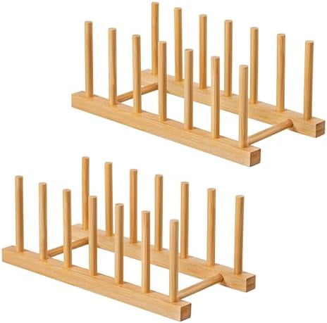 2pcs Bamboo Dish Plate Bowl Cup Book Pot Lid Cutting Board Drying Rack Stand Drainer Storage Holder Organizer Kitchen Cabinet（Keep Dry）