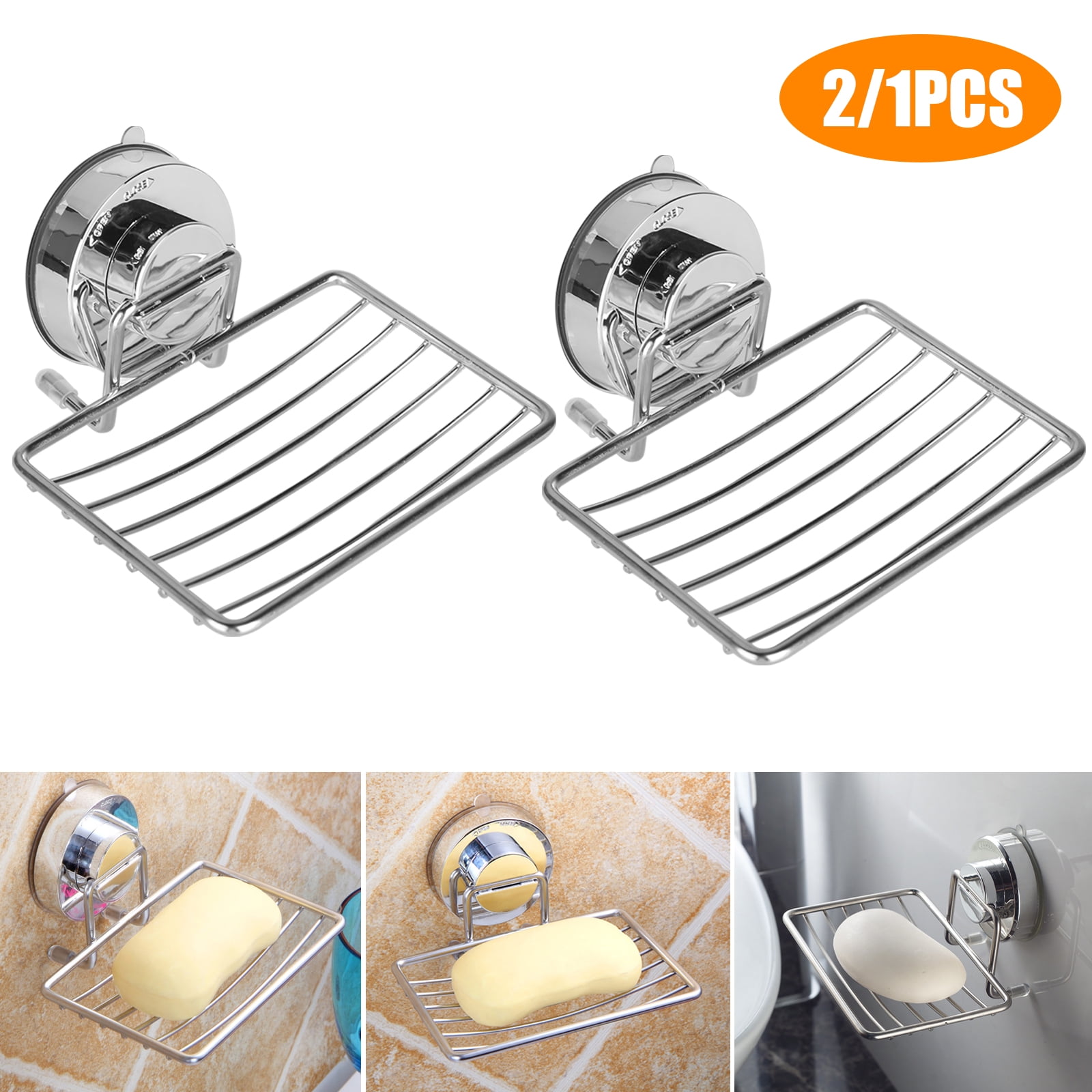 Suction Soap Dish for Shower, EEEkit Bar Soap Sponge Holder with Hooks for  Razor, Stainless Steel Soap Tray, Wall Mounted Soap Saver, Bathroom