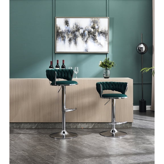 2pcs Bar Stools, Height Adjustable, Metal Base With Footrest, Custom-made Velvet Seat, Elegant Look Of 2 Stools In , Swivel And Fits Various Occasions