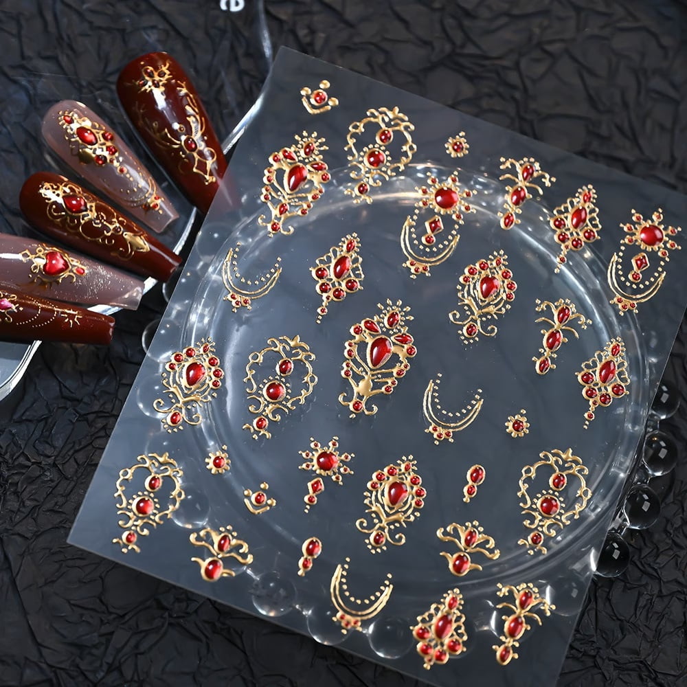 2pcs Baroque Retro Ruby Nail Art Stickers - Embossed 3D Epoxy Adhesive Nail Decorations