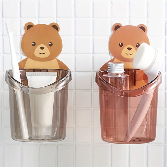 2pcs Bathroom Bear Toothbrush Set with Wall-Mounted Drainage Rack, Toothpaste Holder & Accessories Storage Box