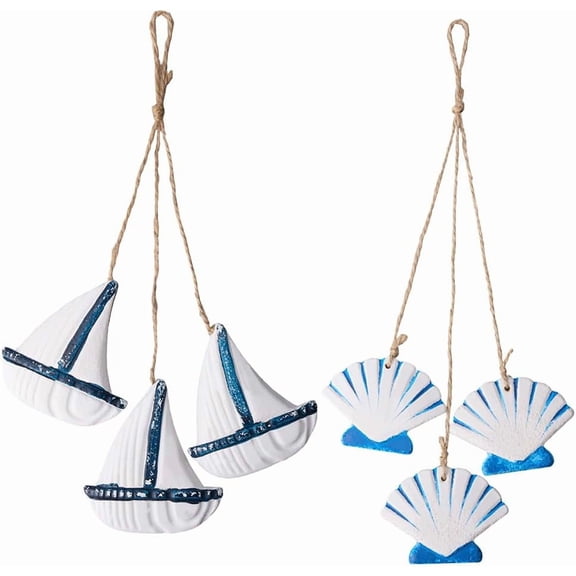 2pcs Beach Nautical Home Decor Mini Boat Wall Hangings Decoration Shell Beach Wall Decor Nautical Sailing Boat Handmade Wood Pendant Crafts Ocean Hut Ornaments Home Accessories12.4In/10.4In White