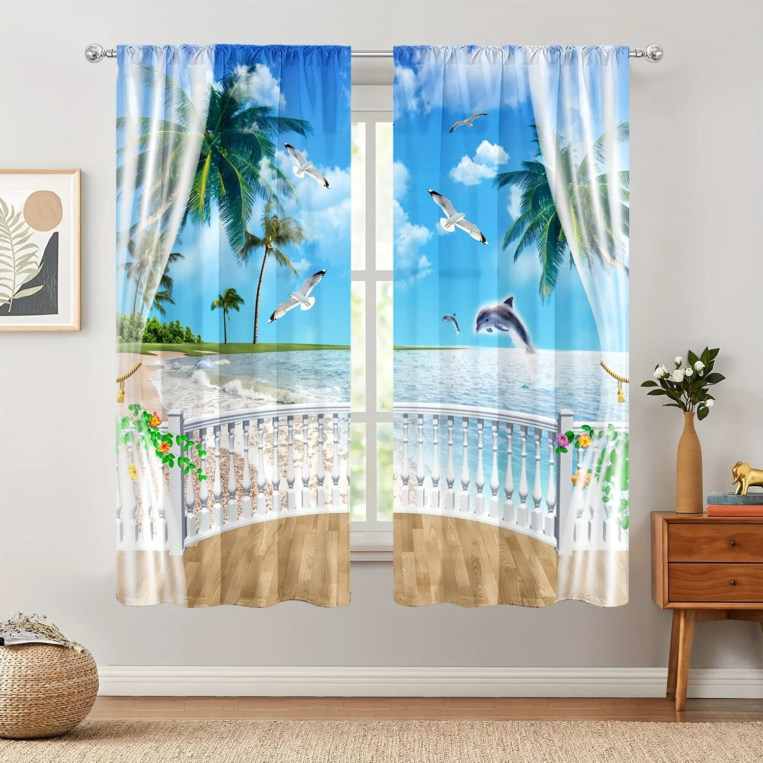 2pcs Beach Scenery Sunset Ocean Window Decorative Curtains For Living ...