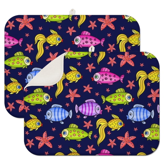2pcs Beach Starfish Kitchen Drying Mat Super Absorbent Microfiber Dish Drying Pad Heat Resistant Countertop Mat with Ocean Coral Design 16x18 Inches